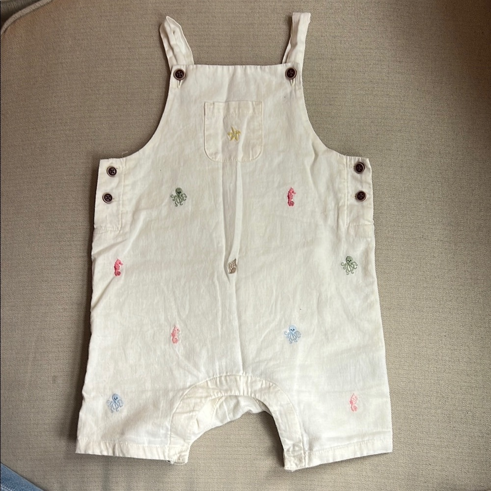 Janie & Jack Cream Shortalls with Embroidered Sealife Accents